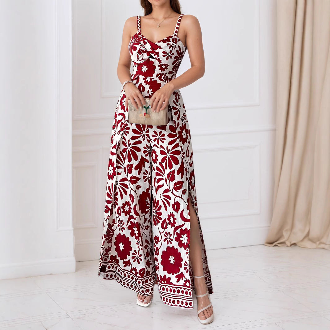Elegant Womens Floral Print Wrap-Style Jumpsuit With Straps