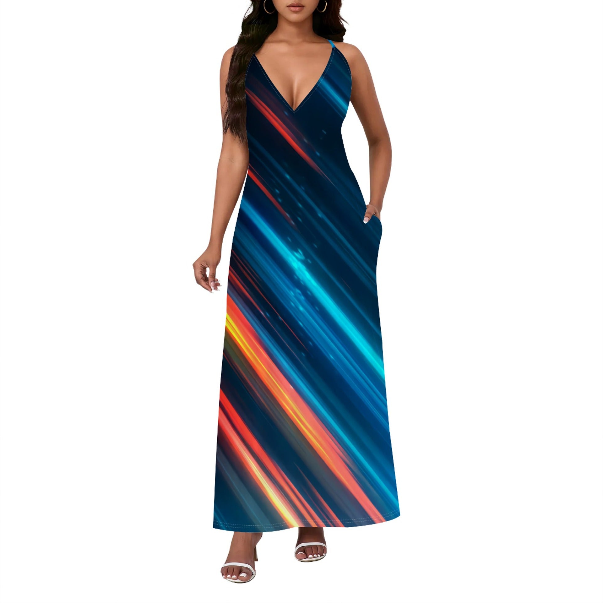 Bold Colorful Patterned Loose-fitting Sexy Backless Slip Dress