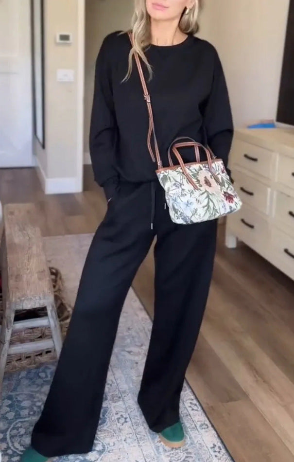 Womens Solid-Color Casual Crew-Neck Pullover Hoodie And Wide-Leg Pants Two-Piece Set