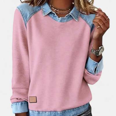 Women's Loose-fitting Long-sleeved Color-blocked Denim Collar Sweatshirt
