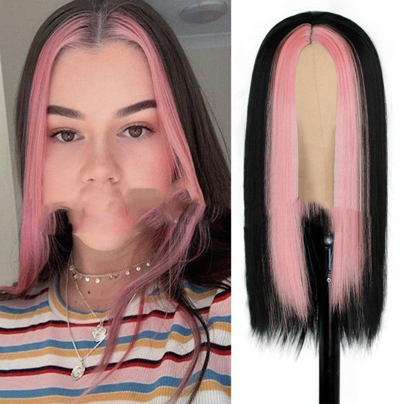 Fashion Long Black Straight Hair Wig Highlighting Green Hair Synthetic Wig