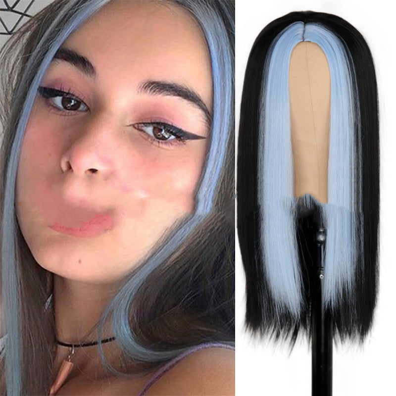 Fashion Long Black Straight Hair Wig Highlighting Green Hair Synthetic Wig