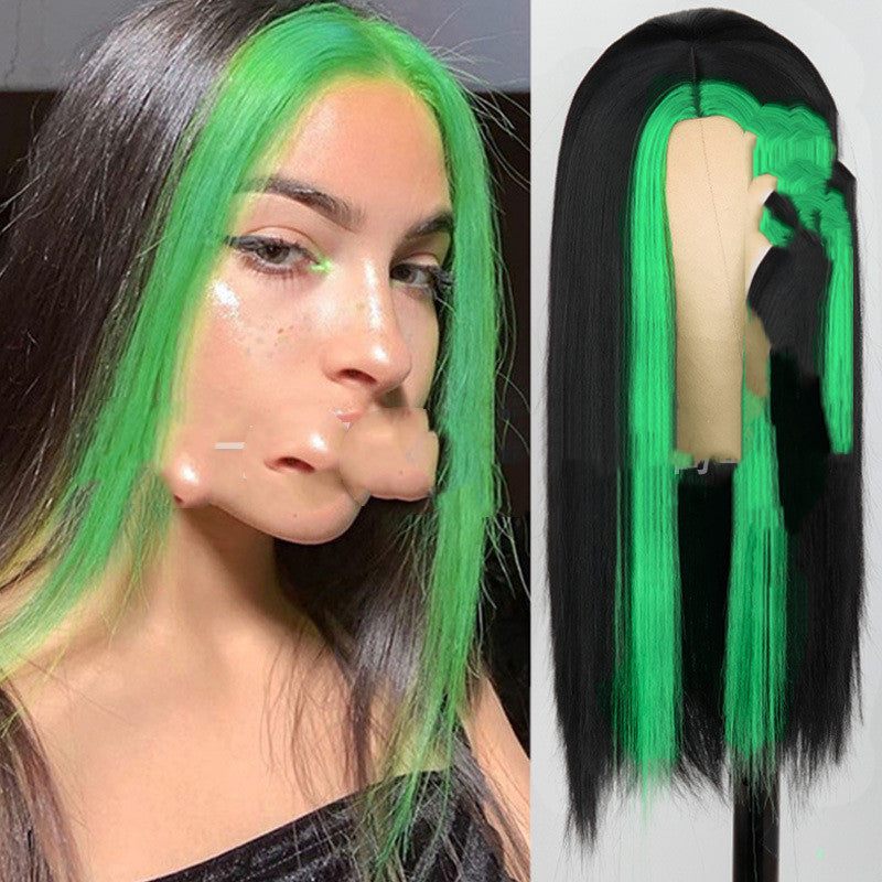 Fashion Long Black Straight Hair Wig Highlighting Green Hair Synthetic Wig
