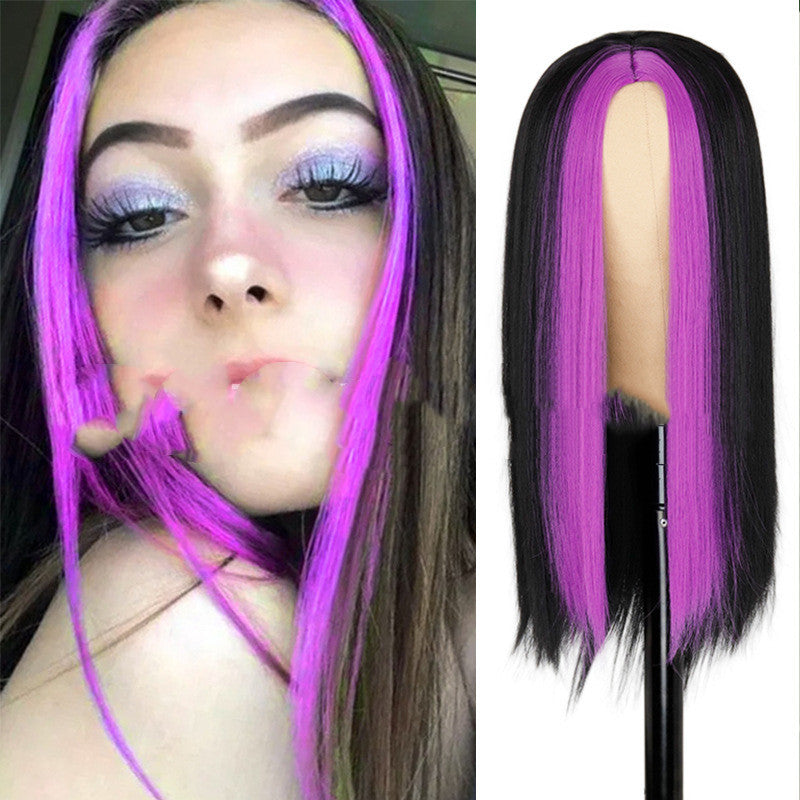 Fashion Long Black Straight Hair Wig Highlighting Green Hair Synthetic Wig