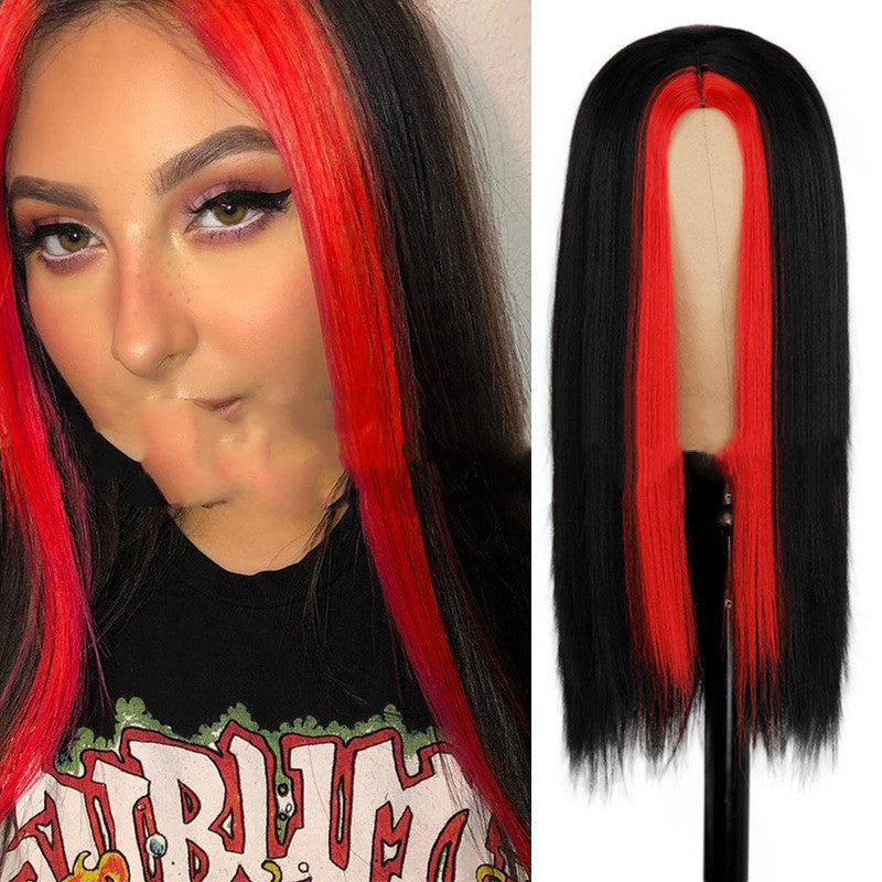 Fashion Long Black Straight Hair Wig Highlighting Green Hair Synthetic Wig