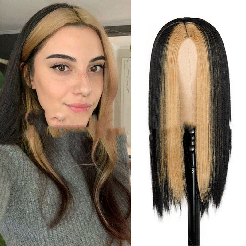 Fashion Long Black Straight Hair Wig Highlighting Green Hair Synthetic Wig