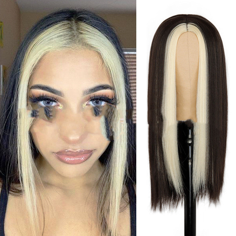 Fashion Long Black Straight Hair Wig Highlighting Green Hair Synthetic Wig