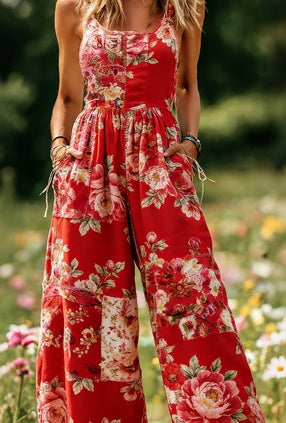 Women's American Retro Print Strappy Wide-Leg Jumpsuit
