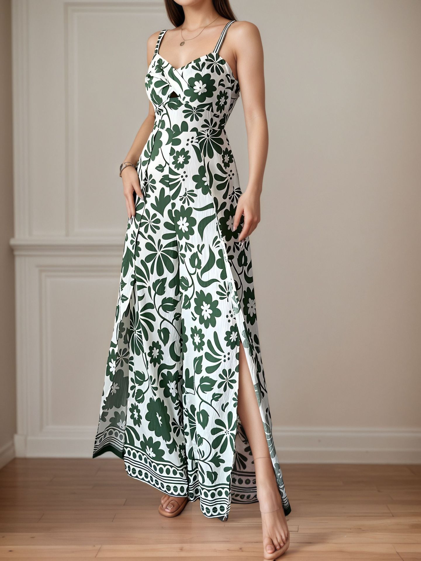 Elegant Womens Floral Print Wrap-Style Jumpsuit With Straps