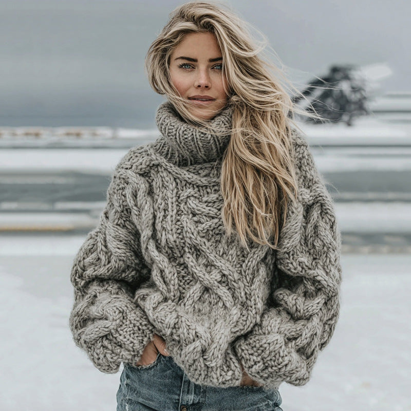 Womens Autumn High-Neck Sweater Retro Print American Streetwear Brand Loose-Fit Sweater