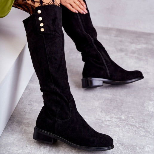 Comfortable Low-heeled Round-toe Solid-color Suede Over-the-knee Boots