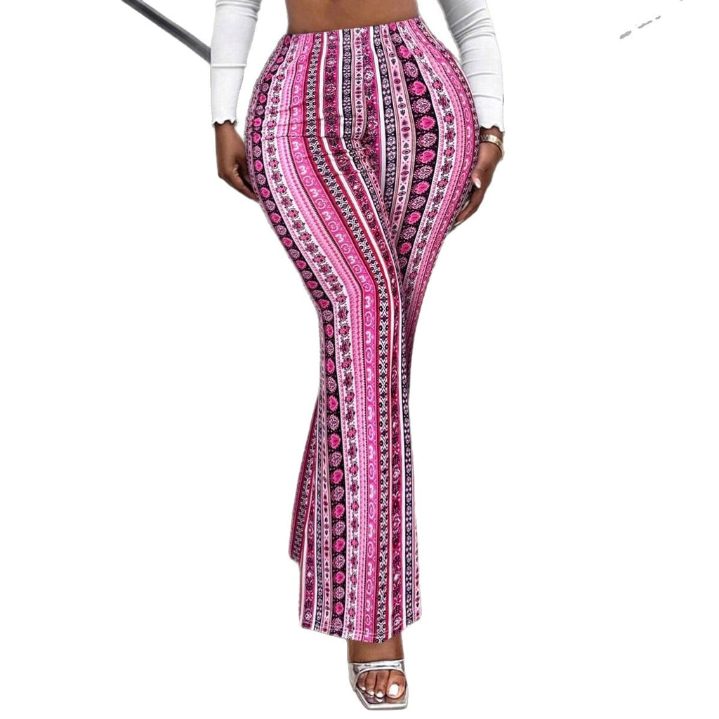 Womens Multi-color Ethnic-style Printed Striped Flared Pants High-waisted Slim-fit And Versatile
