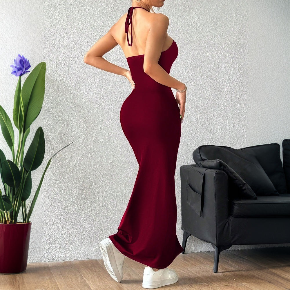 Womens Solid-Color Casual Halterneck Slim-Fit Dress