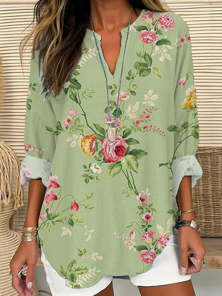 Womens Fashionable Loose Shirt With 3D Floral Print And V-Neck
