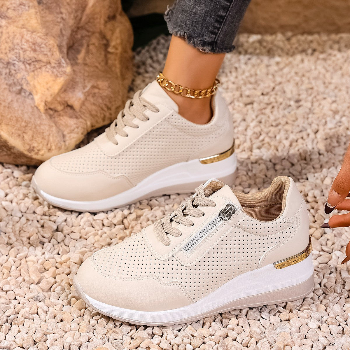Womens Casual Wedge Mid-heel Lace-up Athletic Shoes
