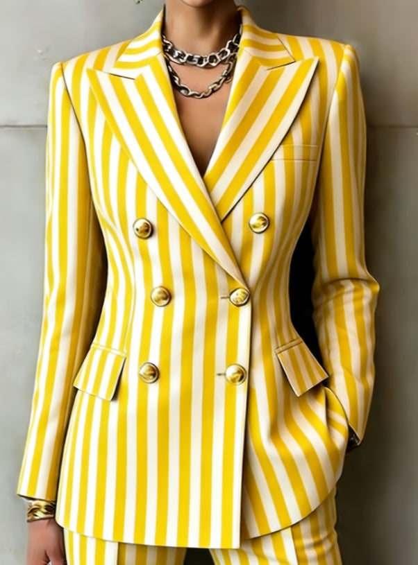 Retro Geometric Double-breasted Suit Jacket For Women, Long-sleeved, Slim Fit, Suitable For Commuting.
