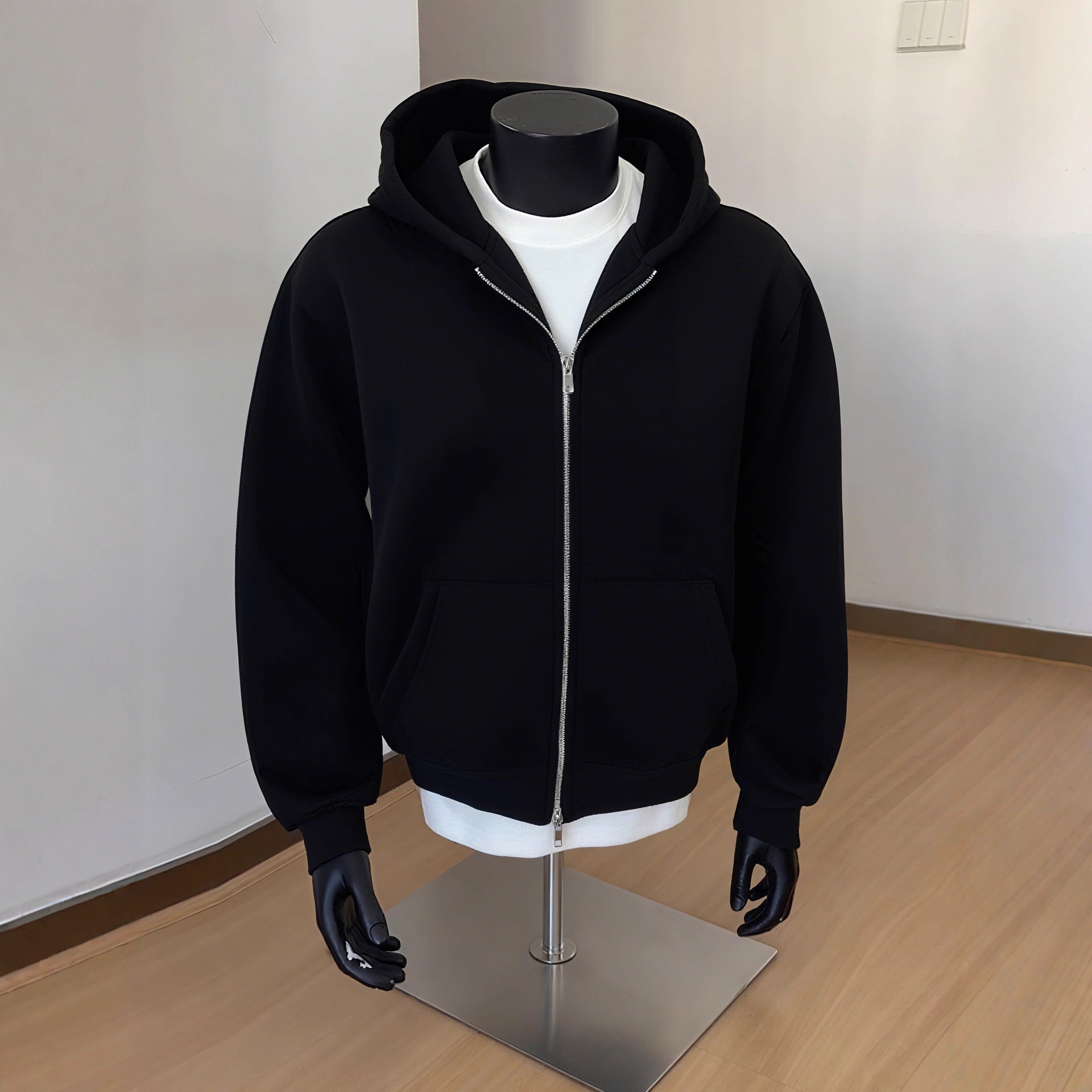 Mens Solid-Color Cardigan Hoodie With Double-Zipper Closure