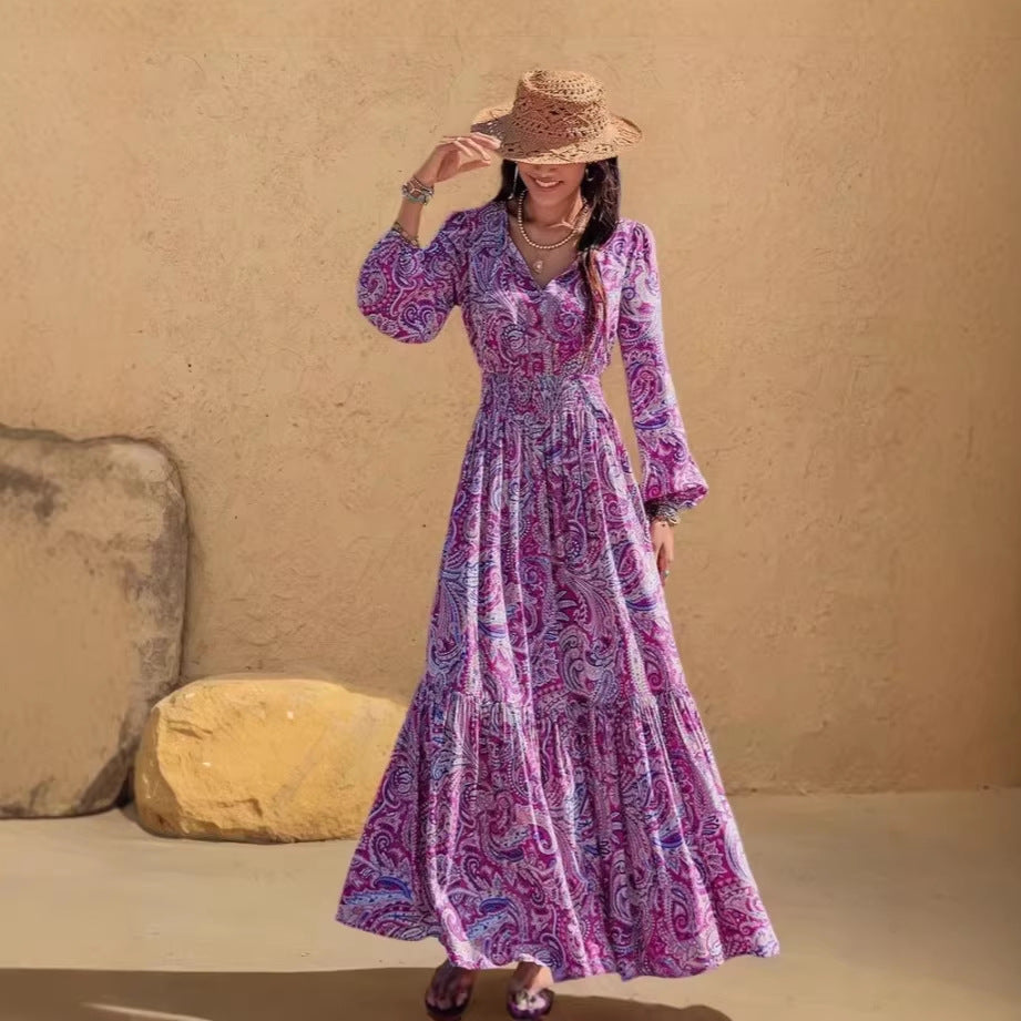 Womens Printed V Neck Drawstring Waist Dress