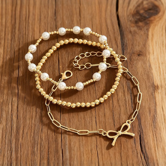 New European And American-style Trendy Vintage Instagram-inspired Faux Pearl Chain Bow Hand Accessory