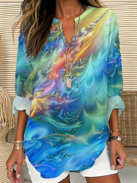 Womens Fashionable Loose Shirt With 3D Floral Print And V-Neck