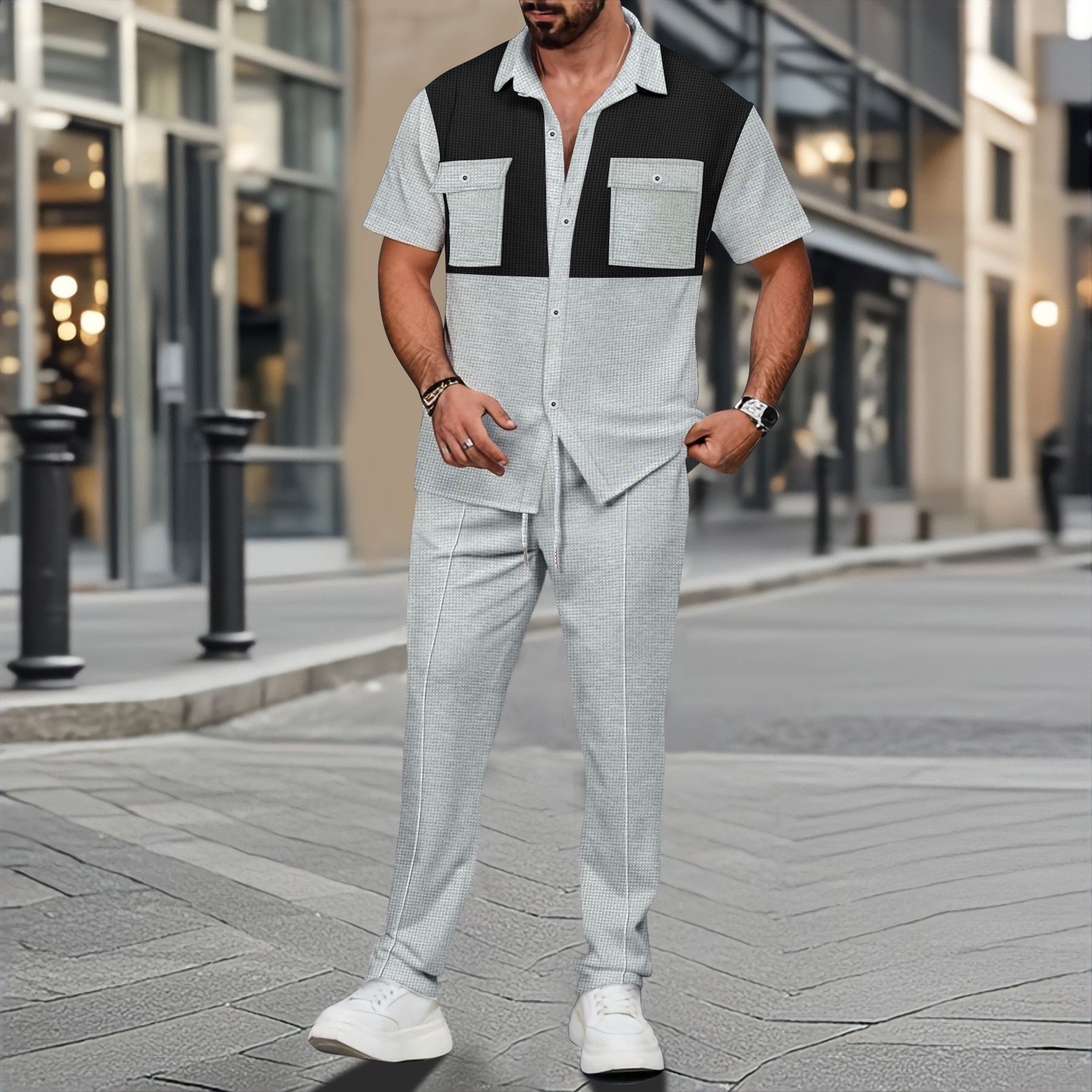 Color-block Short-sleeve Shirt And Pants Two-piece Set