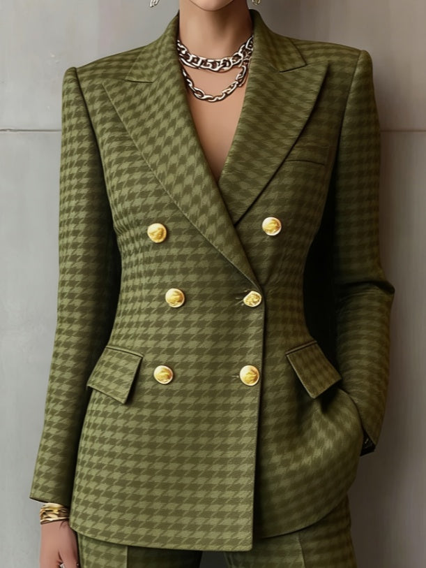 Retro Geometric Double-breasted Suit Jacket For Women, Long-sleeved, Slim Fit, Suitable For Commuting.