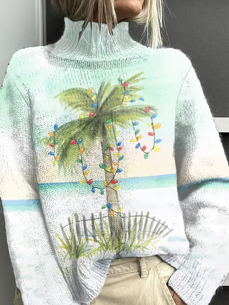 Womens Autumn High-Neck Sweater Retro Print American Streetwear Brand Loose-Fit Sweater