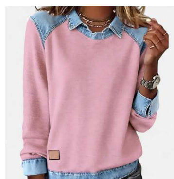 Women's Loose-fitting Long-sleeved Color-blocked Denim Collar Sweatshirt