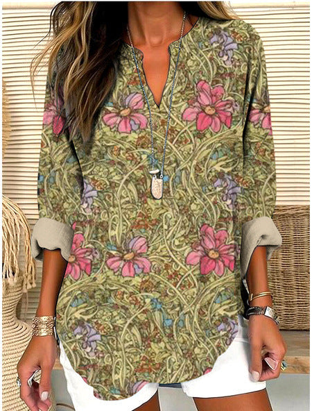 Womens Fashionable Loose Shirt With 3D Floral Print And V-Neck
