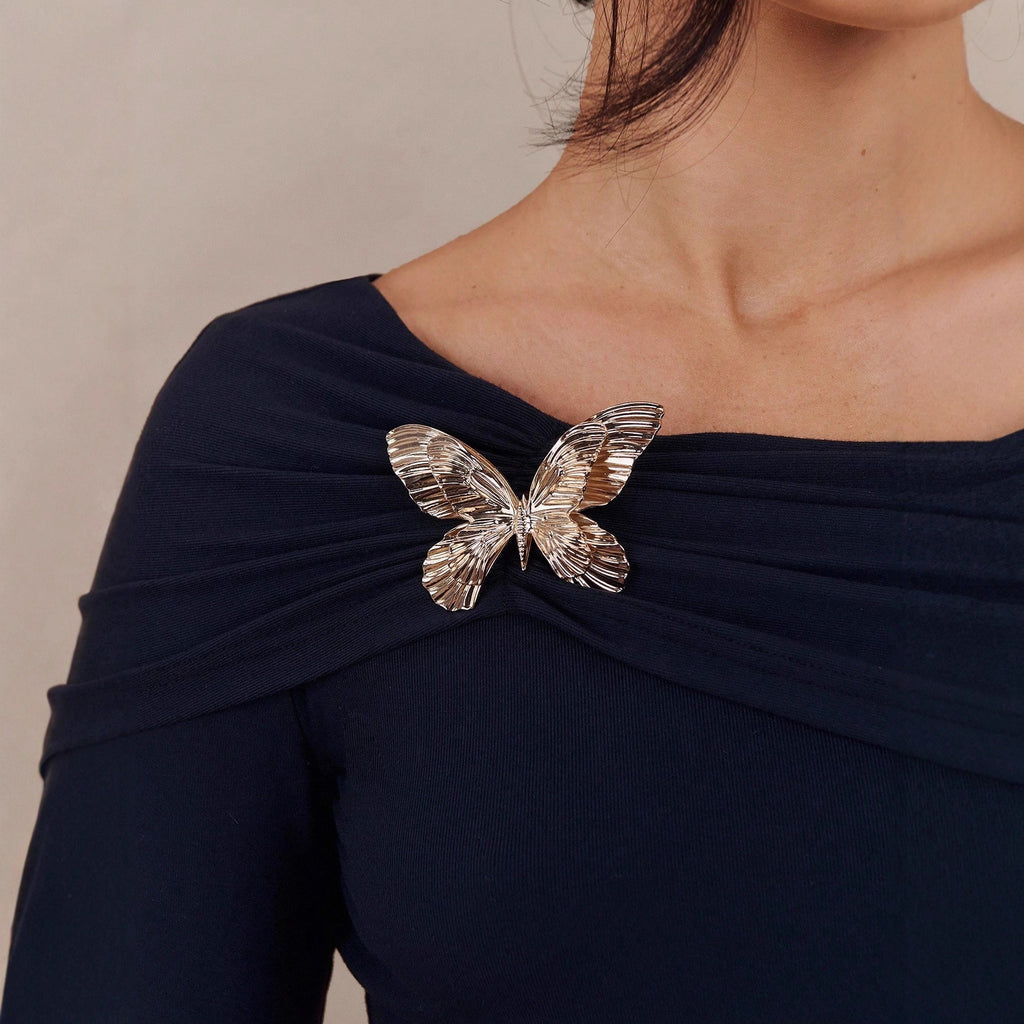 Womens Solid-Color Off-the-Shoulder Butterfly Brooch Long-Sleeve Top