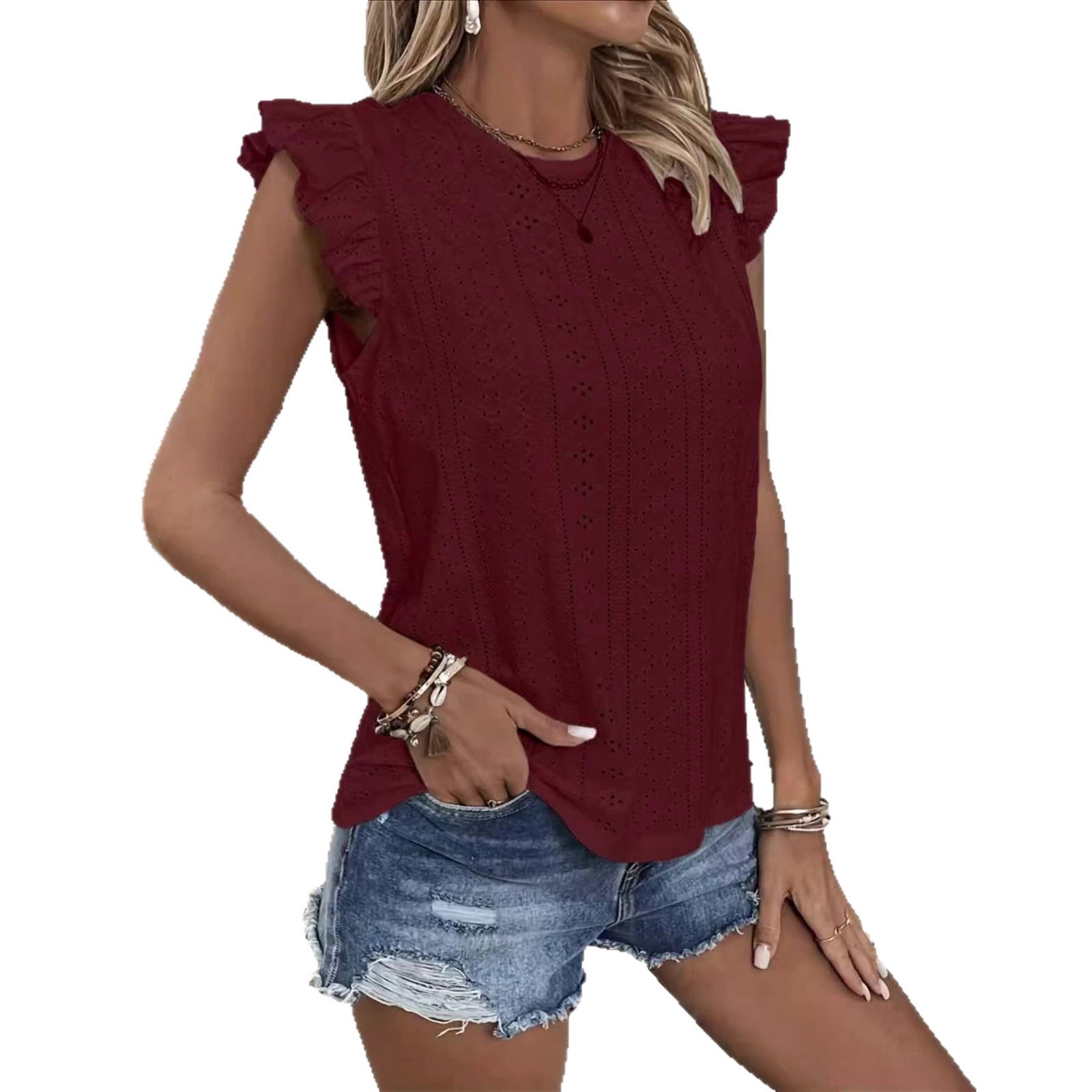 Womens Solid-Color Top With Ruffle Sleeves And Back Tie