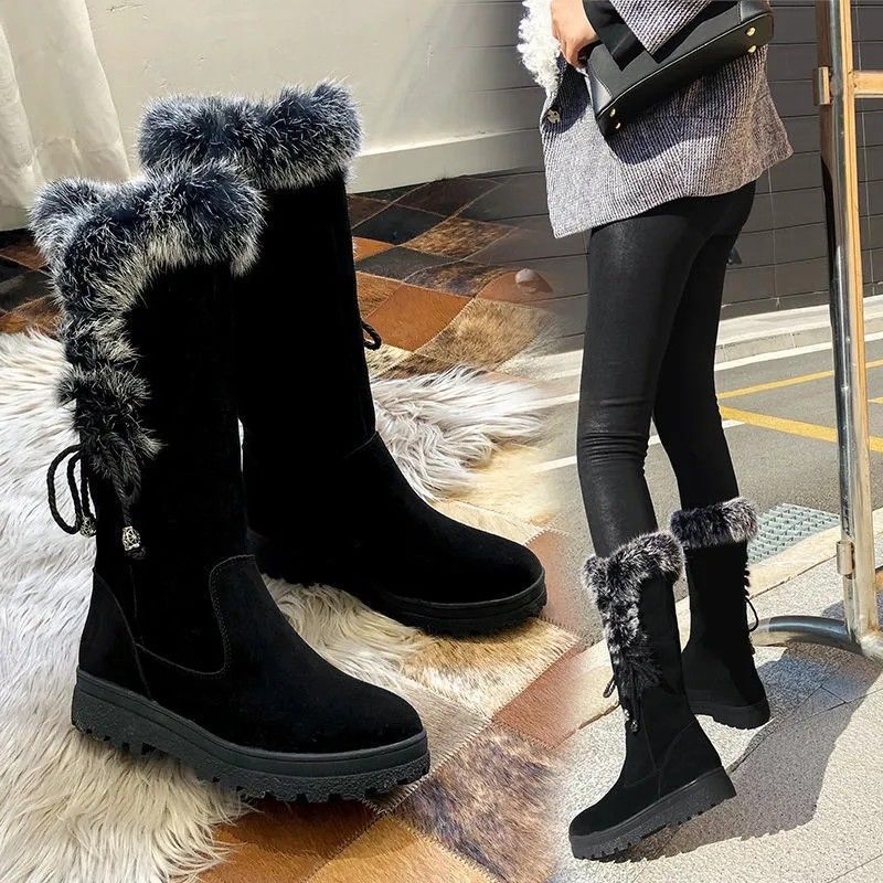 Winter Chunky-Soled Flat-Heeled Furry Snow Boots For Students To Stay Warm