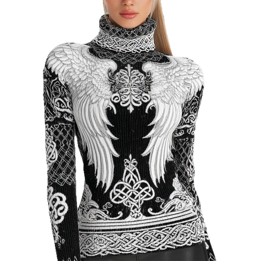 Womens Autumn High-Neck Sweater Retro Print American Streetwear Brand Loose-Fit Sweater