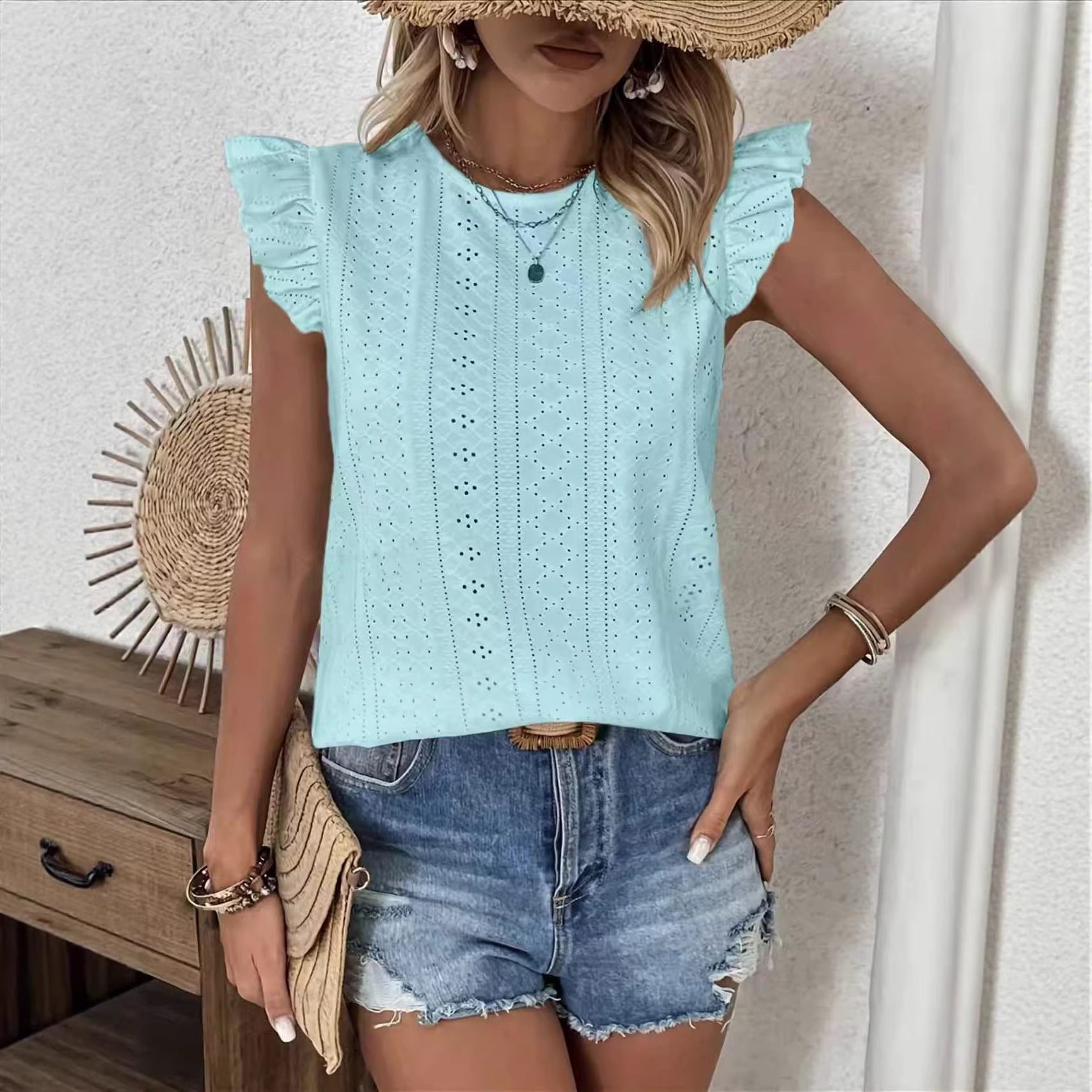 Womens Solid-Color Top With Ruffle Sleeves And Back Tie