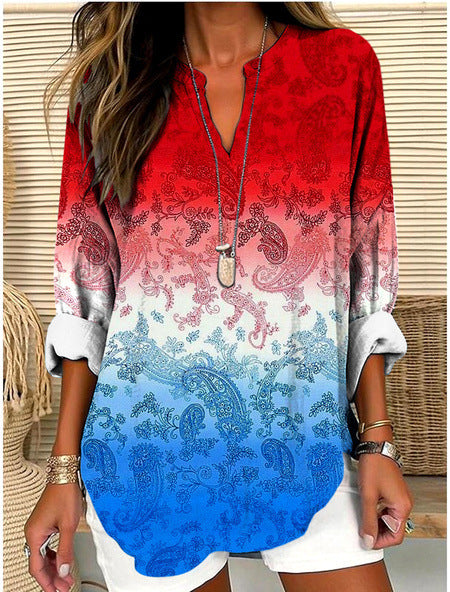 Womens Fashionable Loose Shirt With 3D Floral Print And V-Neck