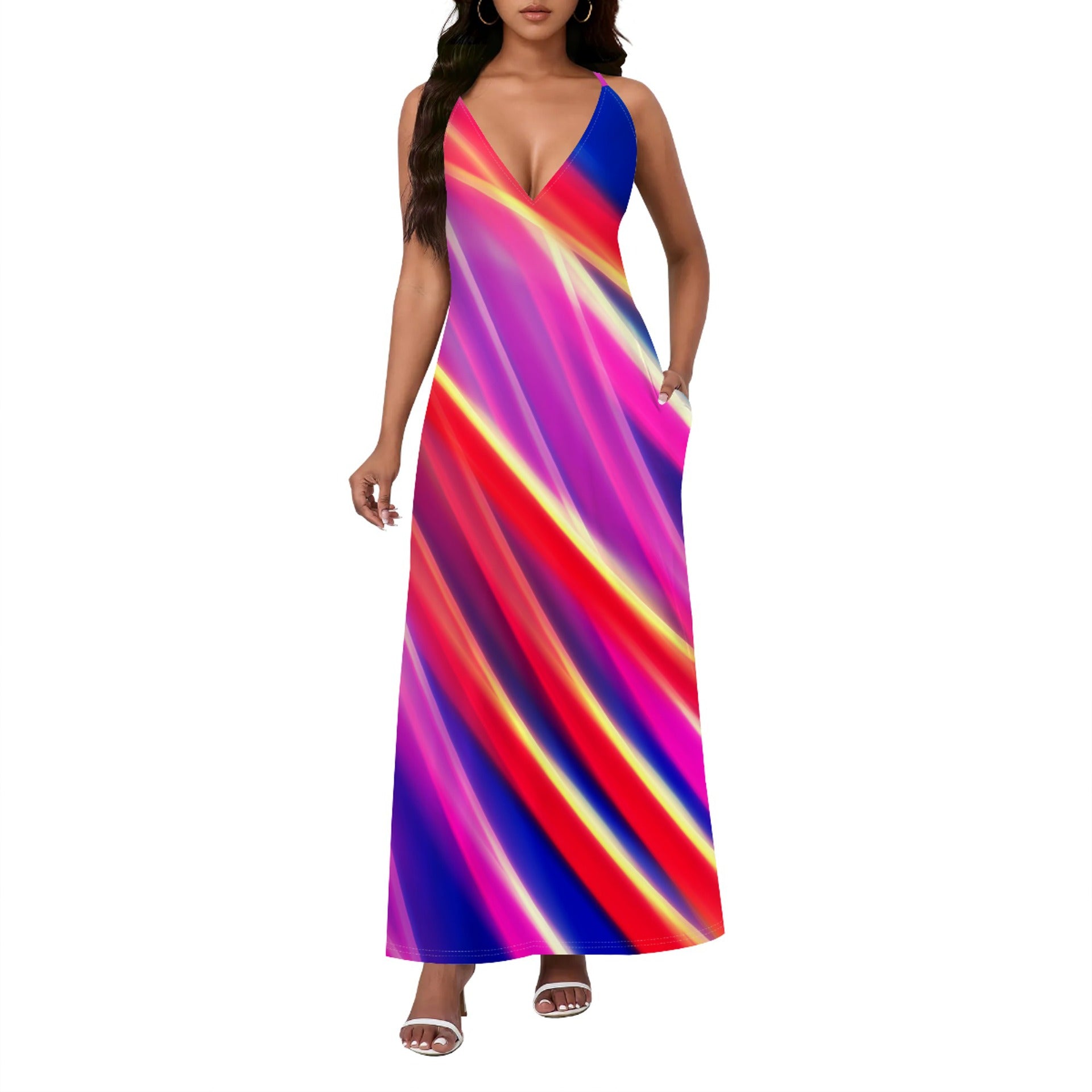 Bold Colorful Patterned Loose-fitting Sexy Backless Slip Dress