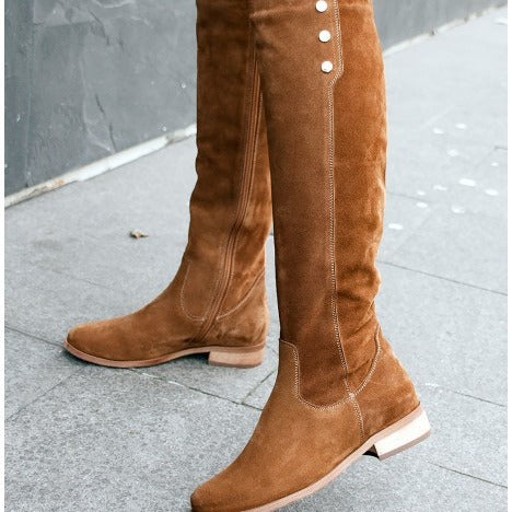 Comfortable Low-heeled Round-toe Solid-color Suede Over-the-knee Boots