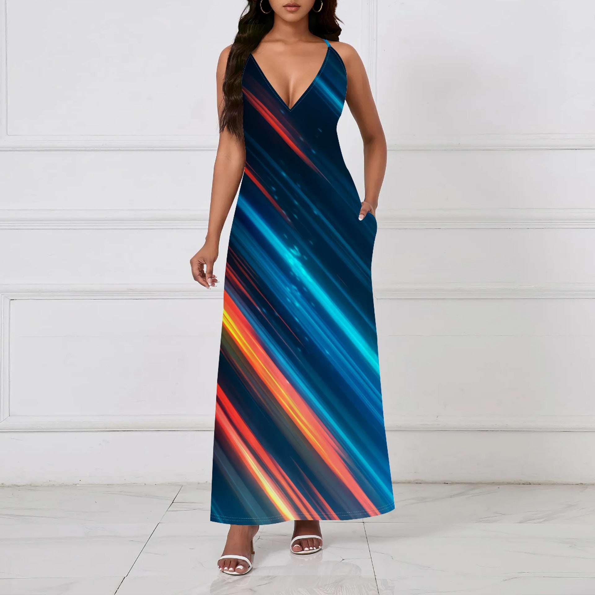 Bold Colorful Patterned Loose-fitting Sexy Backless Slip Dress