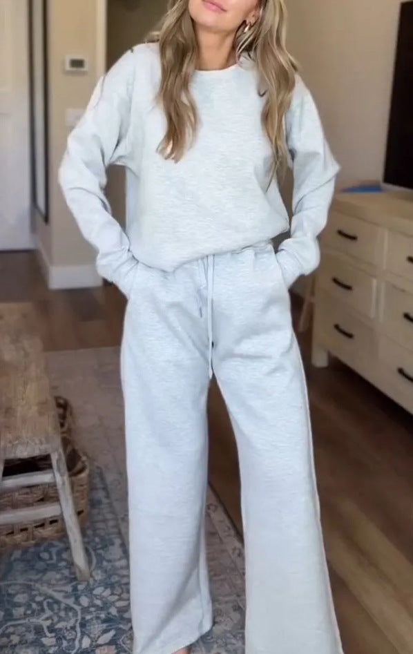 Womens Solid-Color Casual Crew-Neck Pullover Hoodie And Wide-Leg Pants Two-Piece Set