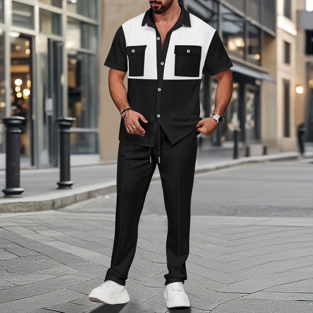 Color-block Short-sleeve Shirt And Pants Two-piece Set