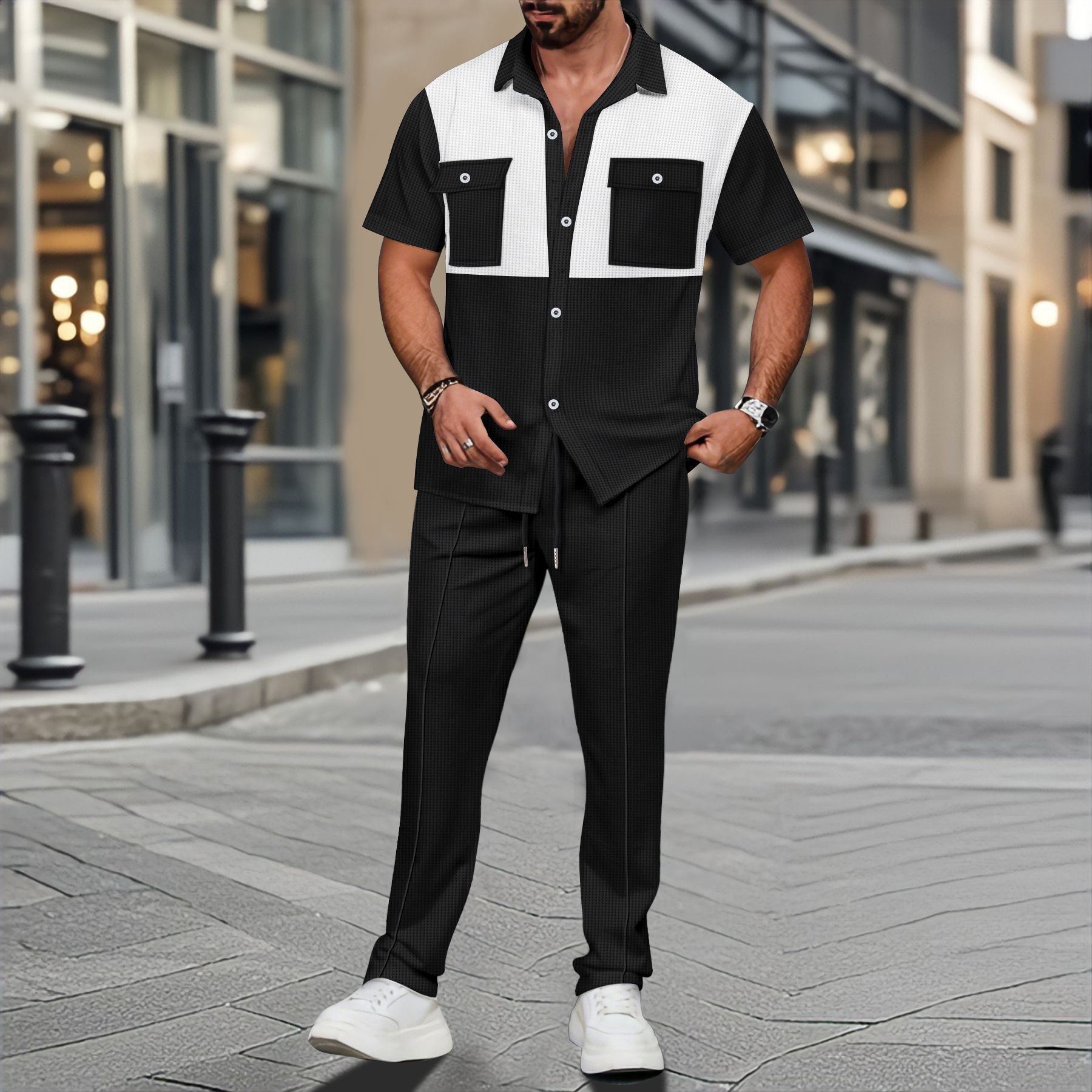 Color-block Short-sleeve Shirt And Pants Two-piece Set