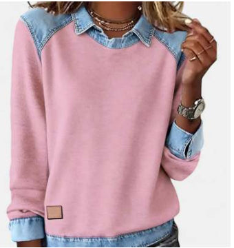 Women's Loose-fitting Long-sleeved Color-blocked Denim Collar Sweatshirt