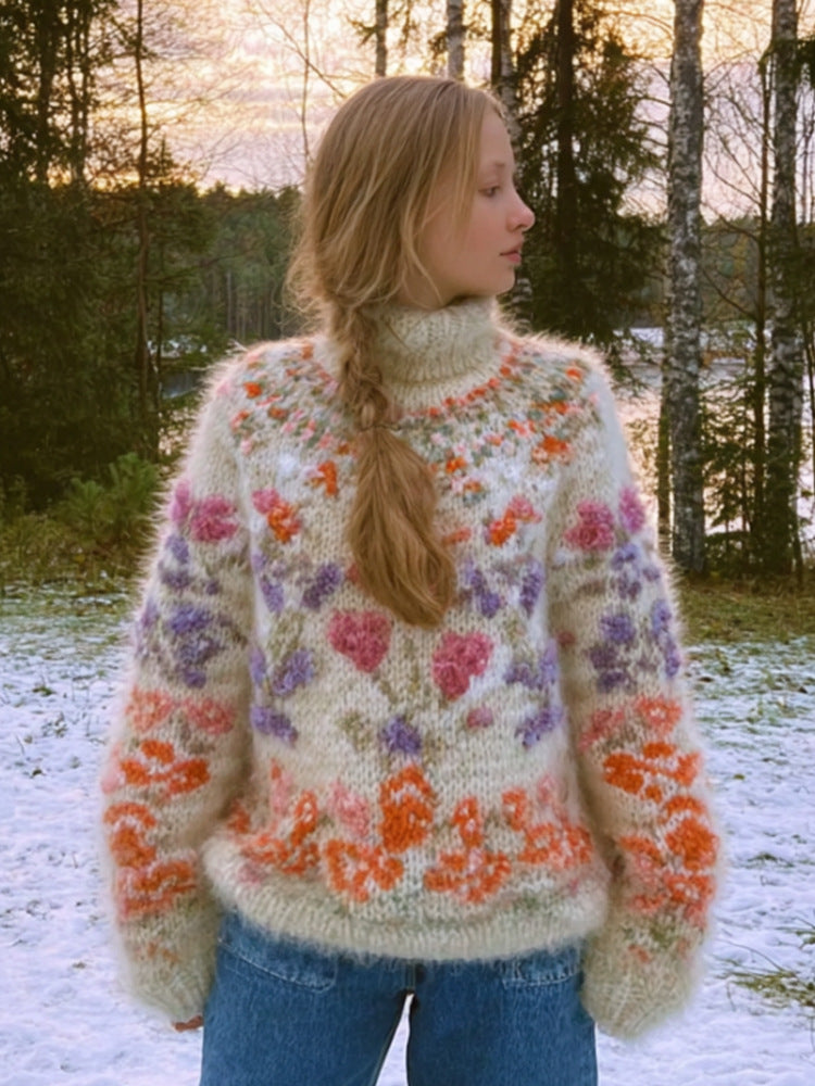 Womens Autumn High-Neck Sweater Retro Print American Streetwear Brand Loose-Fit Sweater