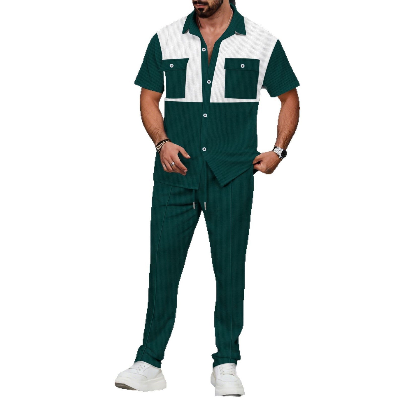 Color-block Short-sleeve Shirt And Pants Two-piece Set