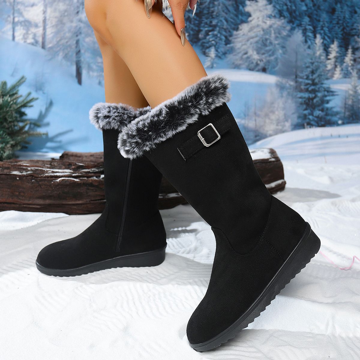 Winter Chunky-Soled Flat-Heeled Furry Snow Boots For Students To Stay Warm
