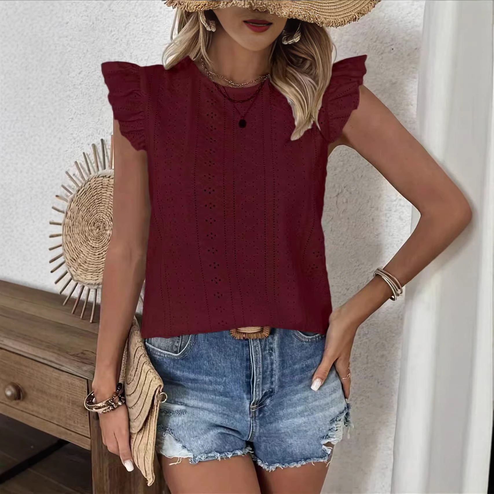 Womens Solid-Color Top With Ruffle Sleeves And Back Tie