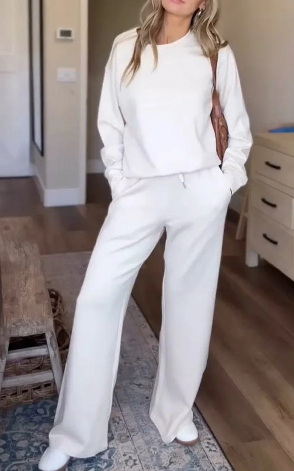 Womens Solid-Color Casual Crew-Neck Pullover Hoodie And Wide-Leg Pants Two-Piece Set