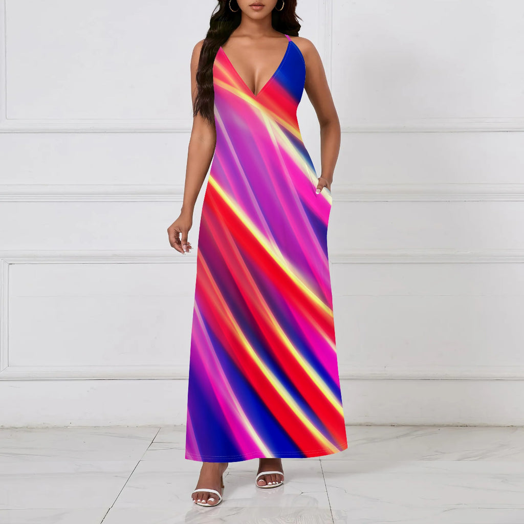 Bold Colorful Patterned Loose-fitting Sexy Backless Slip Dress
