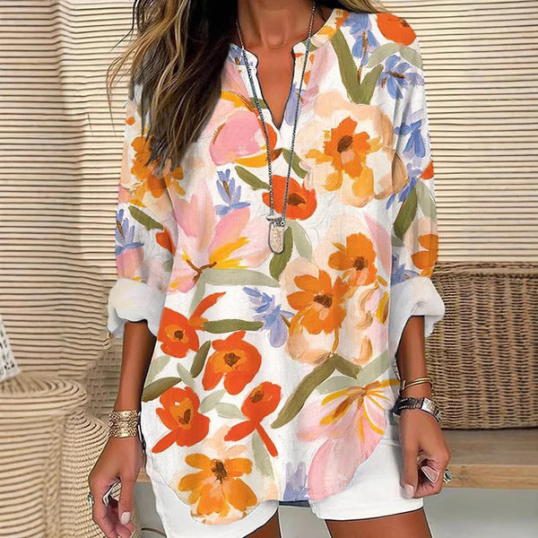 Womens Fashionable Loose Shirt With 3D Floral Print And V-Neck