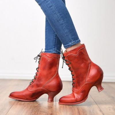 Womens High-heeled Uniquely Shaped Heel Lace-up Ankle Boots